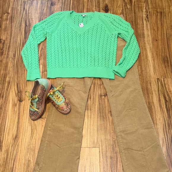 Talbots womens medium petite mp sweater green open knitV neck nwt